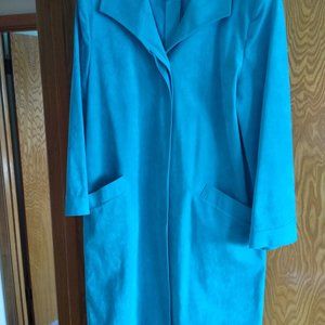Ultra Suede traveler coat, Teal, covered buttons, a belt, slash pockets.